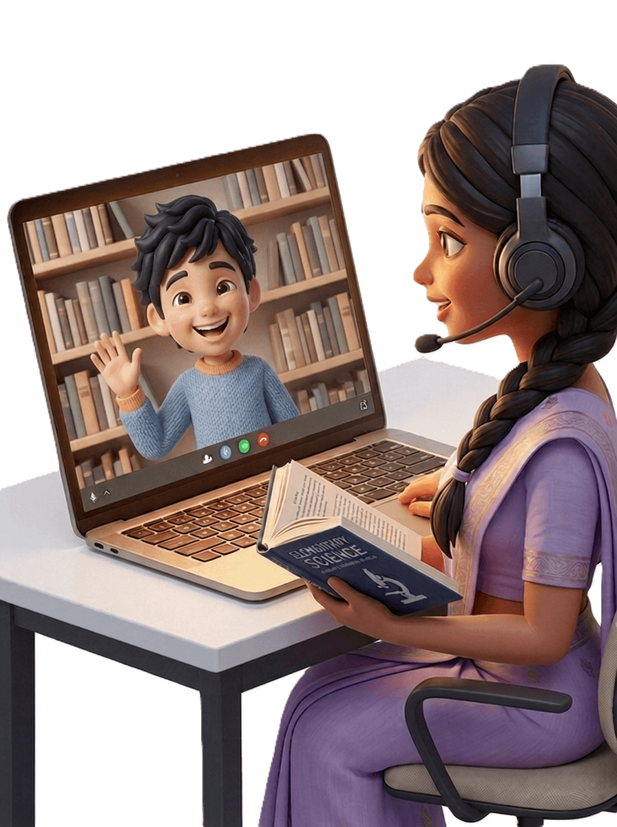 An Angle teacher holding a science book, ready to explain a concept