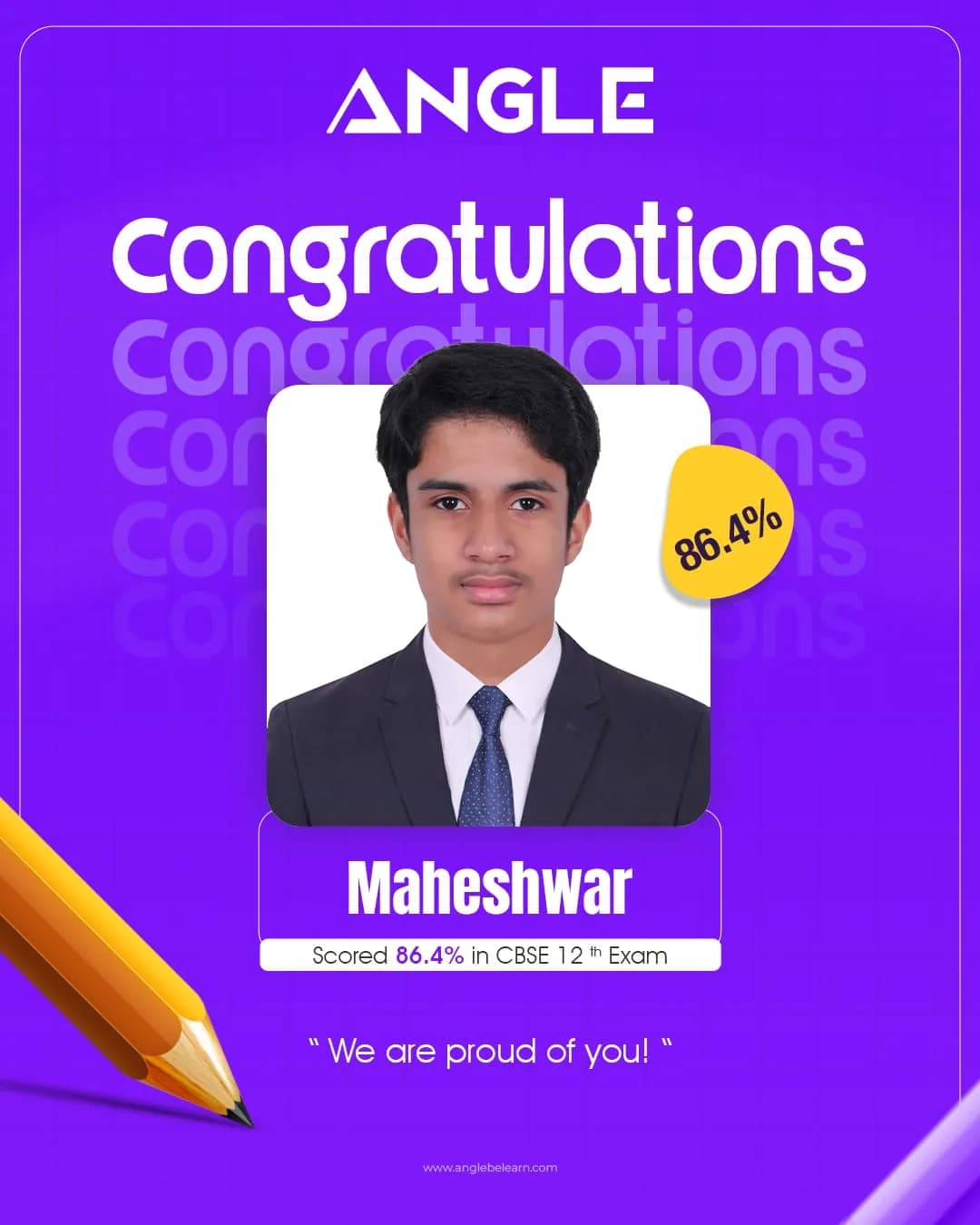 Angle Class 12 CBSE congratulations poster for Maheshwar scoring 86.4 percent