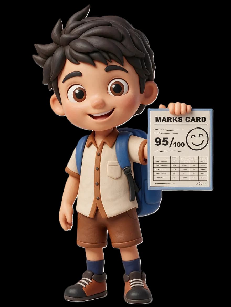 A smiling student holding a marks card scored 95 out of 100 after Angle online tuition